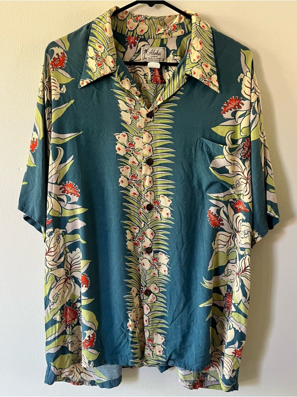 60s Vintage ALOHA Brand Teal Floral Hawaiian Button-Up Shirt